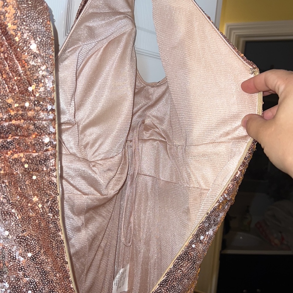 Floor length 61.5” rose gold evening gown. Fully cleaned, working hidden zipper. - Picture 3 of 6